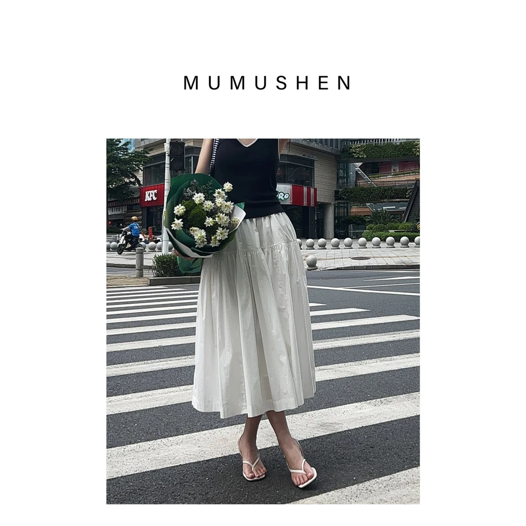 MUMUSHEN A047【简白】精纺全棉极简休闲通勤松紧腰A摆半身伞裙