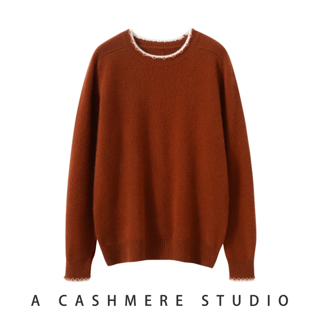 2025秋冬新款100纯山羊绒圆领双股加厚撞色领套头打底衫女