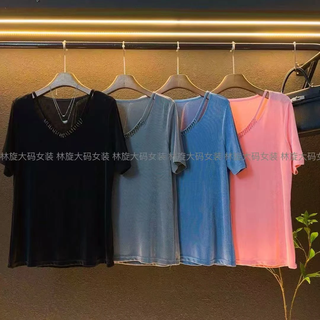 新款2025女V领纯色串珠重工气质洋气时尚减龄显瘦短袖/8029