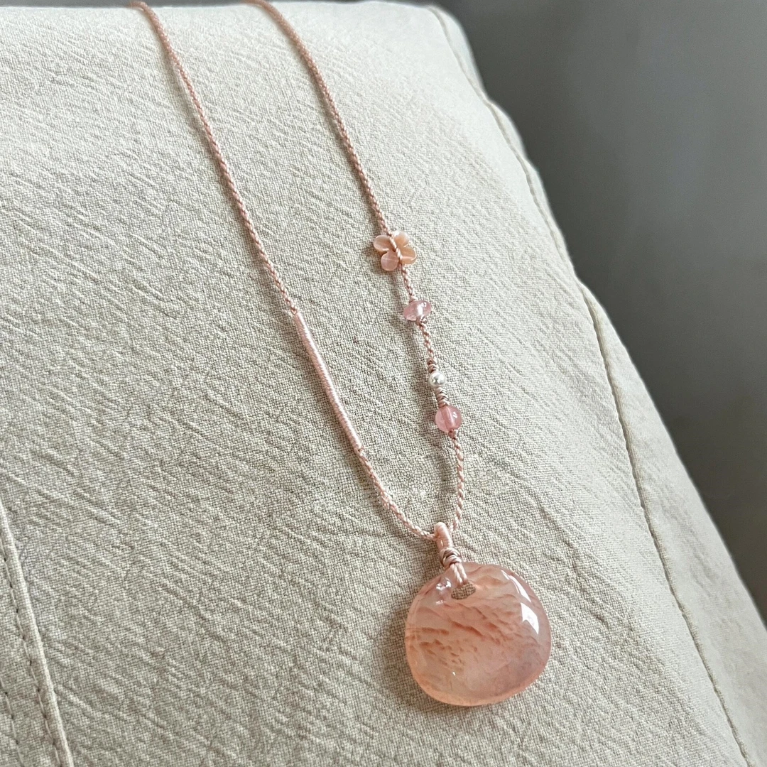 「桃之夭夭」桃粉四叶草编绳项链diy半成品可挂吊坠挂绳万用能链款