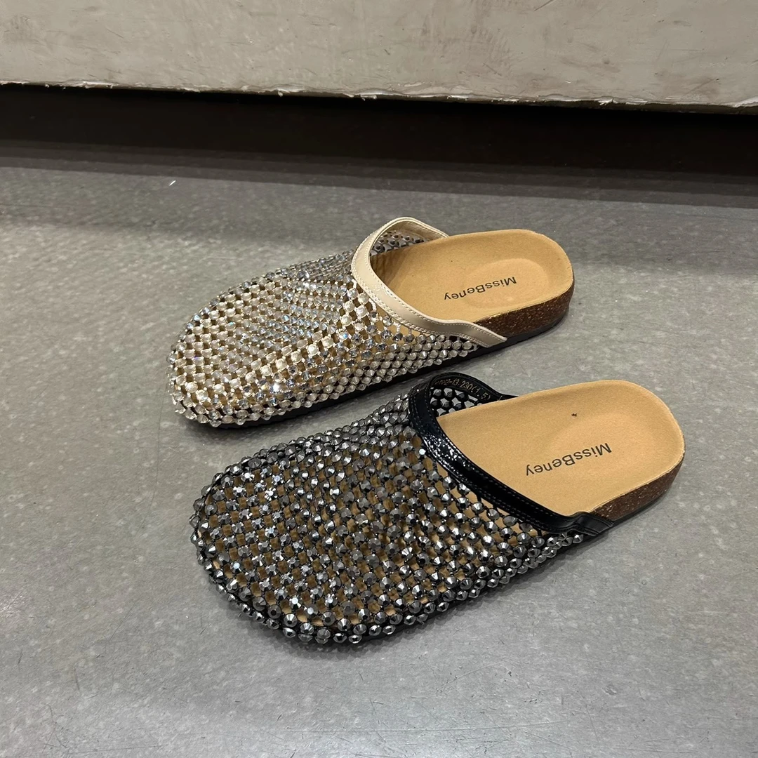 欧洲站2025时髦网面水钻包头拖鞋女外穿圆头平底舒适穆勒凉拖鞋潮