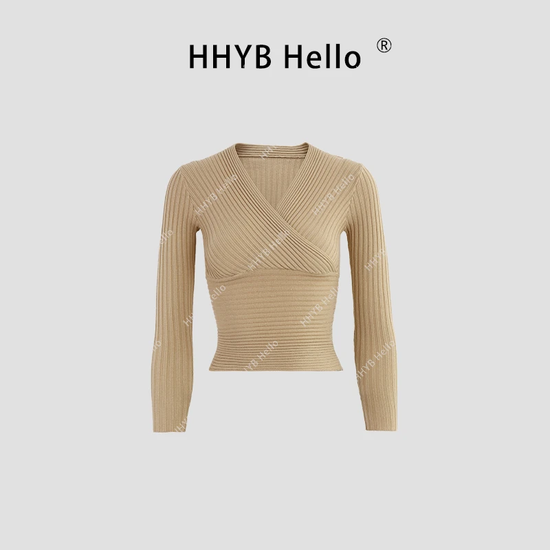 HHYB Hello【2025春季新款】交叉V领收腰针织衫高级感气质内搭M1002