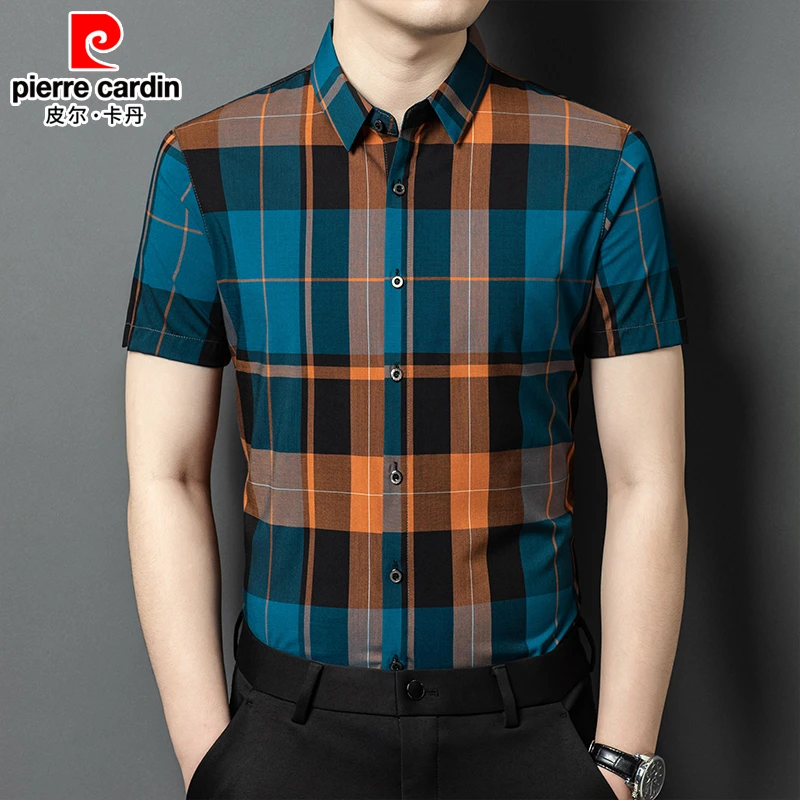 皮尔卡丹格子短袖男时尚免烫衬衫男士百搭商务夏季中青年抗皱衬衣