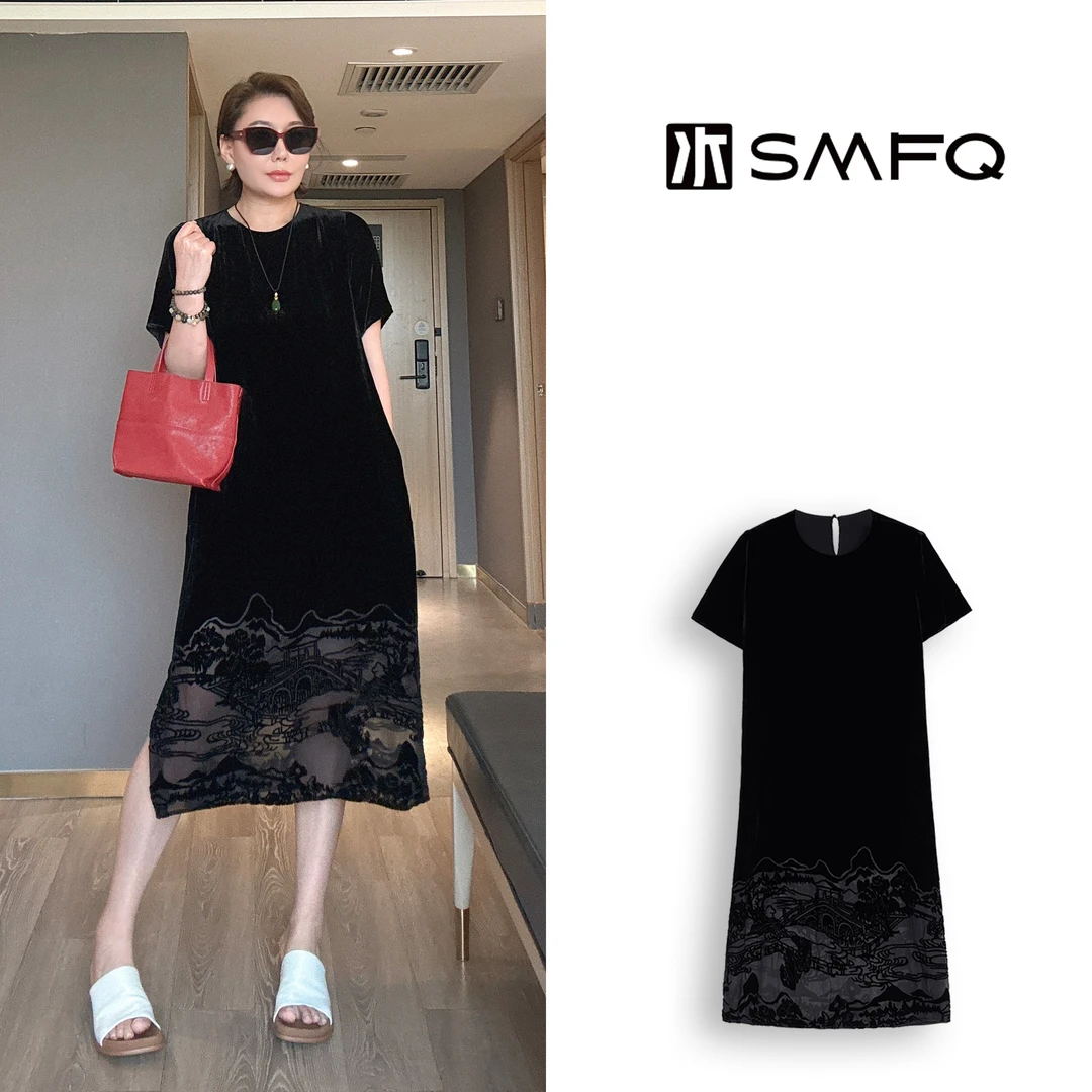 水木夫妻100%桑蚕丝法式优雅显瘦百搭丝绒连衣裙