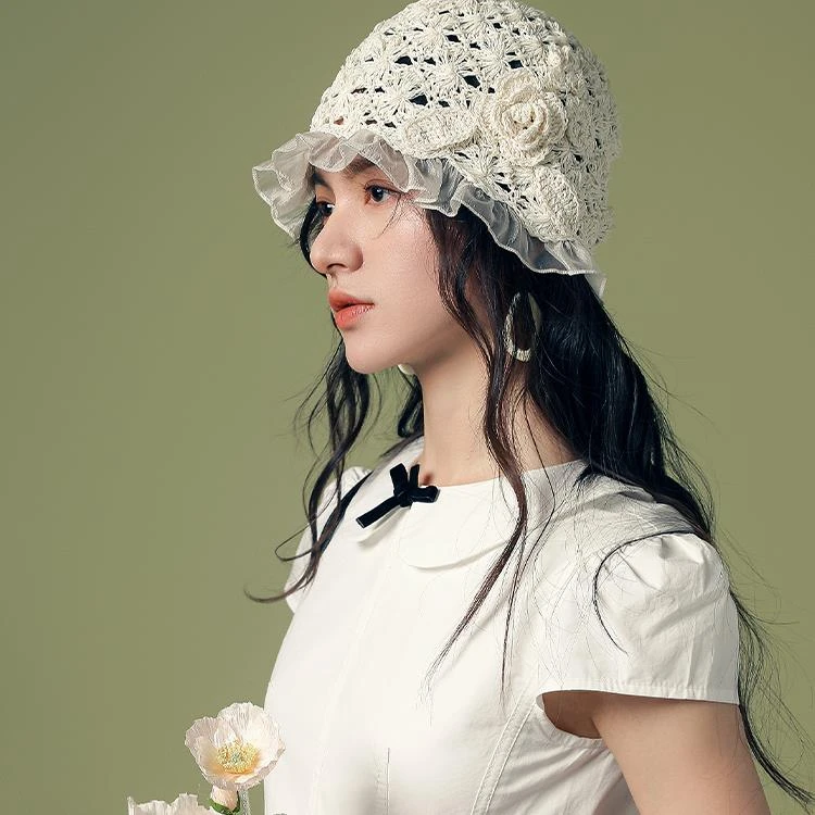 仙女氛围感镂空针织帽女2025新款春夏复古钩花包头套头帽