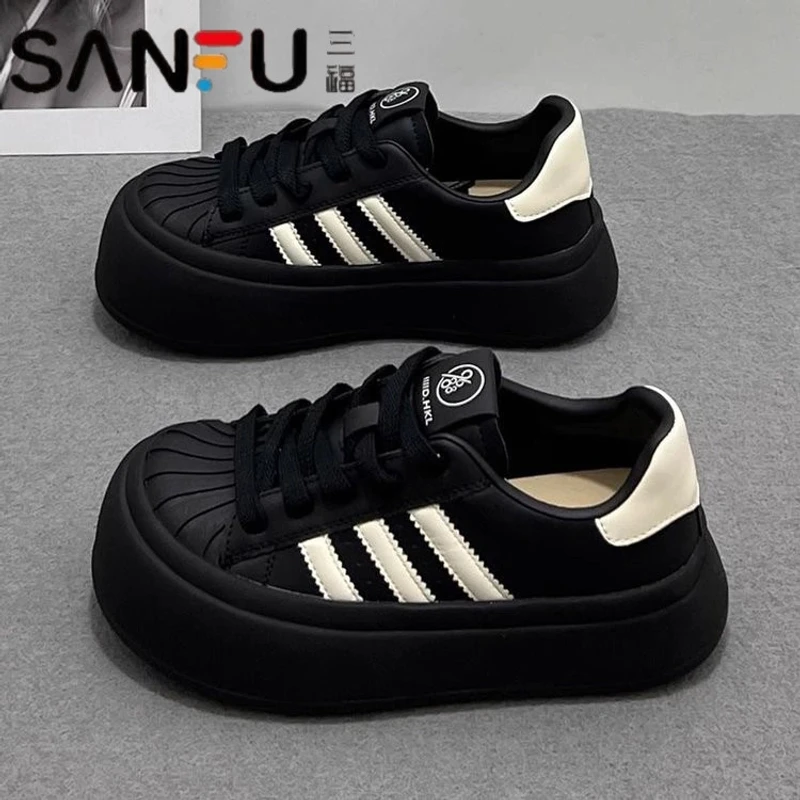 三福小白鞋女2025春季新款软底厚底休闲板鞋百搭运动面包德训女鞋