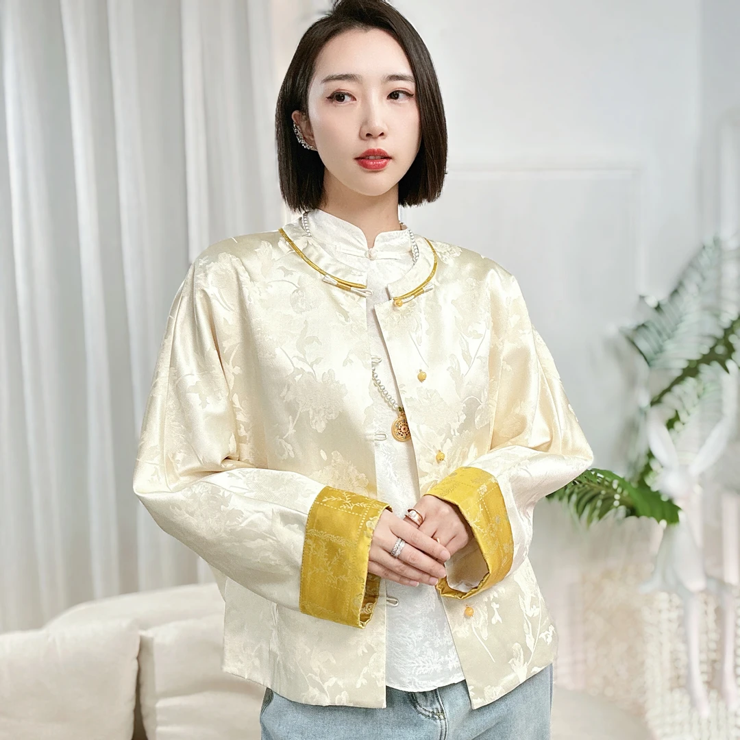 新中式休闲桑蚕丝长袖时尚宽松中国风提花春季立领女装HF-870143
