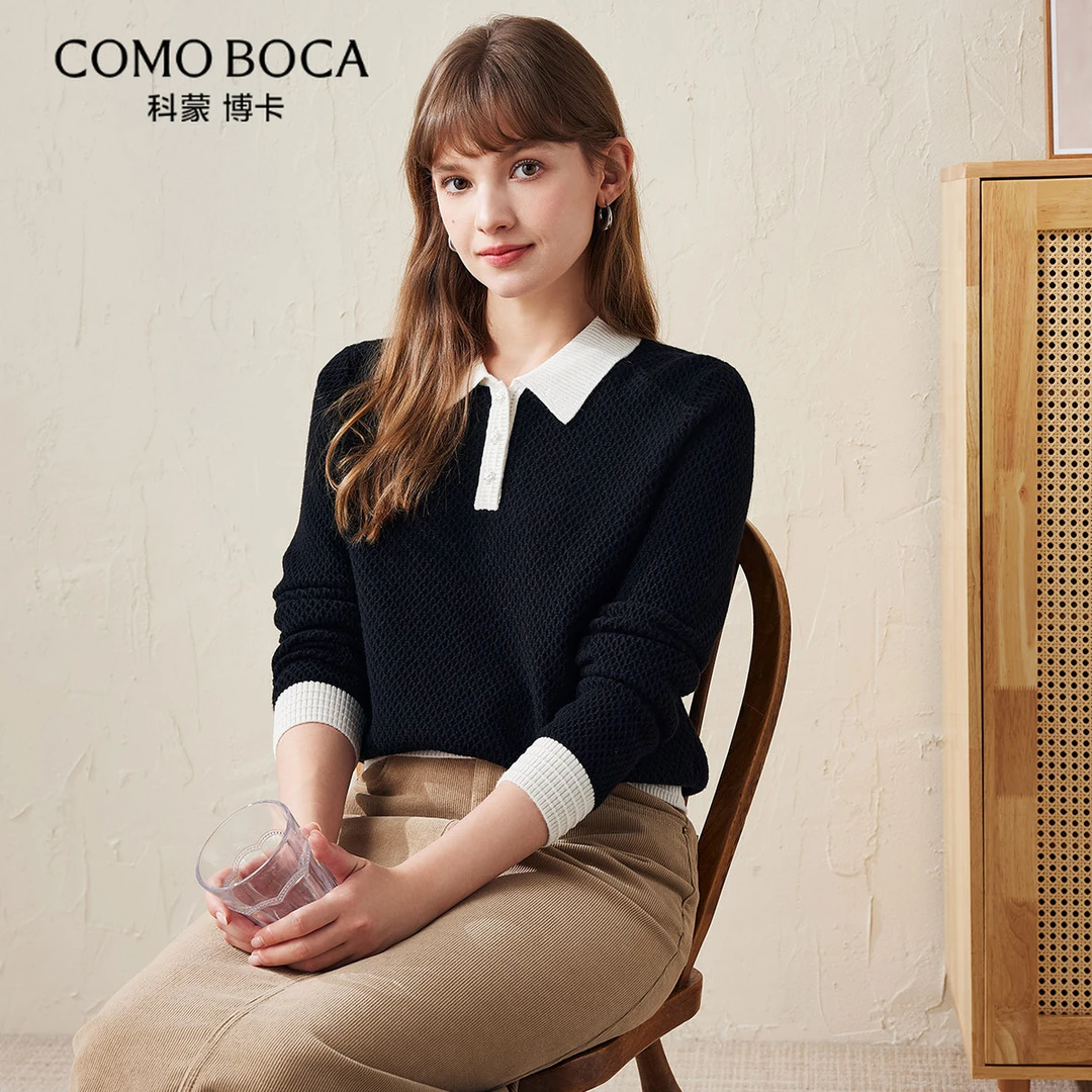 COMOBOCA/科蒙·博卡绵羊毛衫翻领25秋冬撞色毛衣针织套衫KSS5210