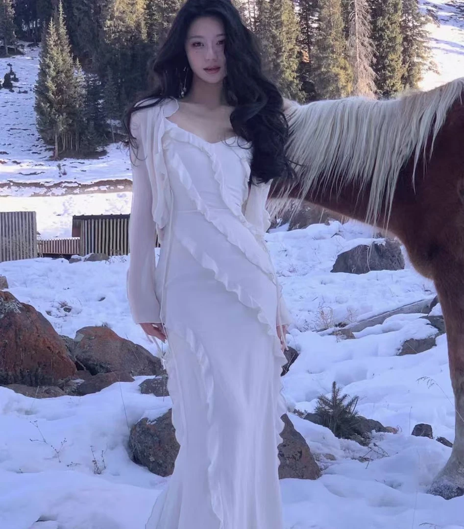 7073夏季新款法式初恋甜美减龄荷叶边设计感气质长款吊带连衣长裙