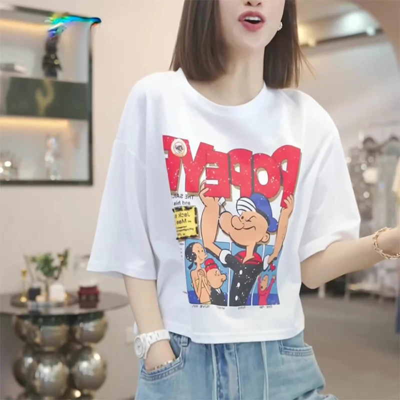 拉夏贝尔高级感美式印花白色短袖T恤女夏季2025新款宽松正肩上衣