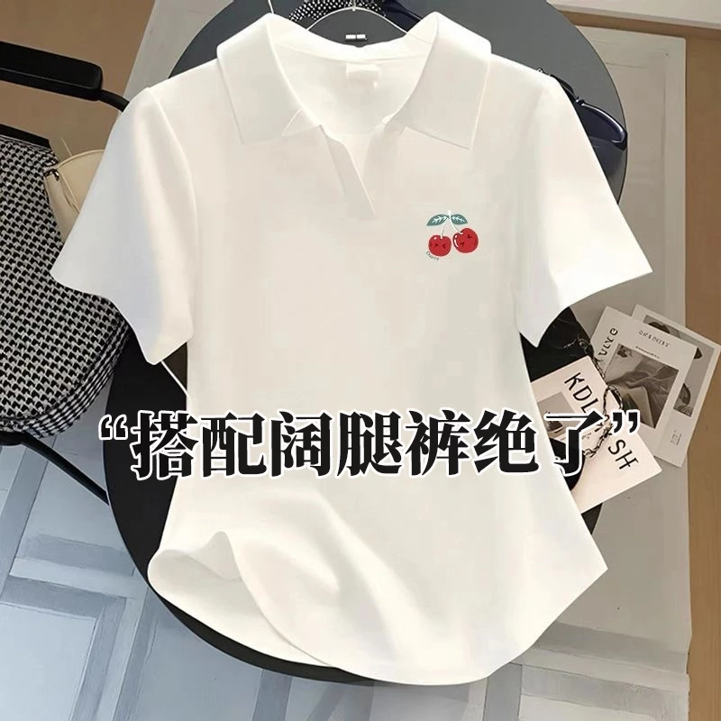 2025新款减龄POLO领白色短袖T恤女夏修身大码正肩打底衫上衣ins