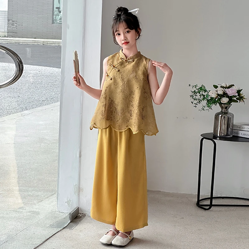 女童套装2025夏季新款新中式高级中国风镂空提花汉服儿童两件套潮