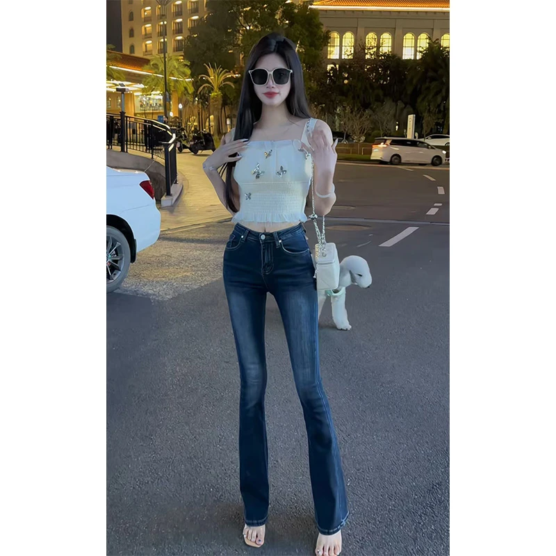 超仙重工亮片蝴蝶背心独特别致美式微喇裤高腰显瘦马蹄喇叭裤套装