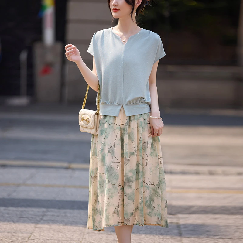 妈妈夏装套装洋气半身裙两件套中老年女夏季薄款T恤衫母亲节礼物