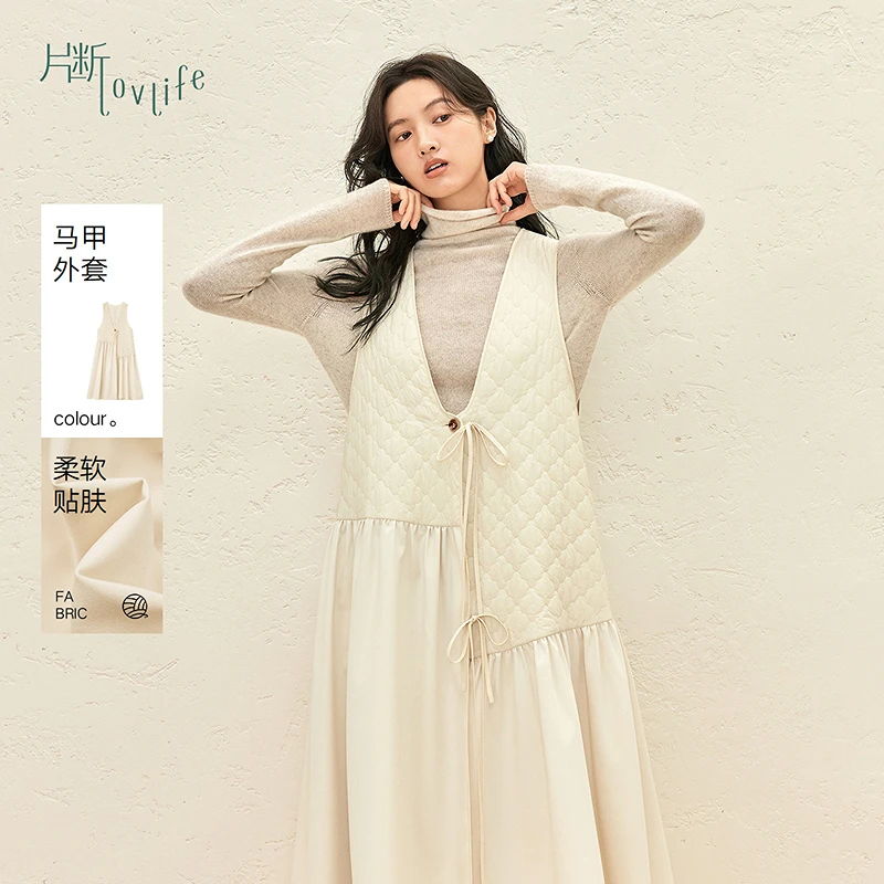 片断棉服女新款v领拼接系带小众通勤漂亮别致长款马甲外套