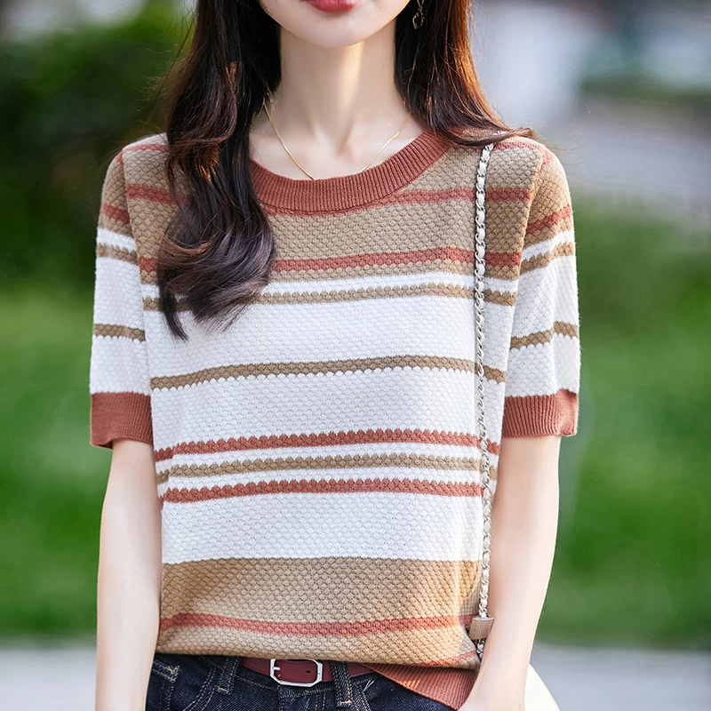 甄选优质棉条纹针织T恤夏季爆款时尚百搭针织短袖 女轻奢薄款半袖
