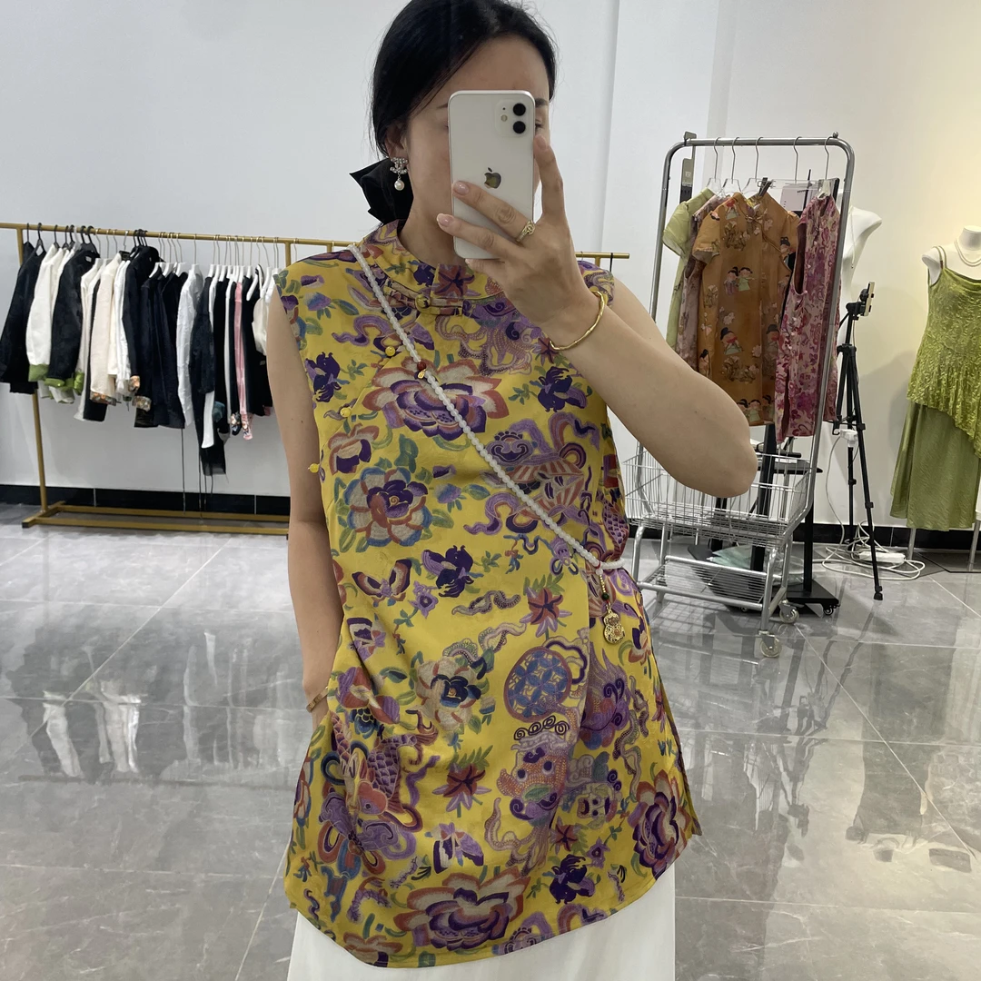 立领无袖中长款新中式提花上衣衬衣碎花复古背心夏季复古国风