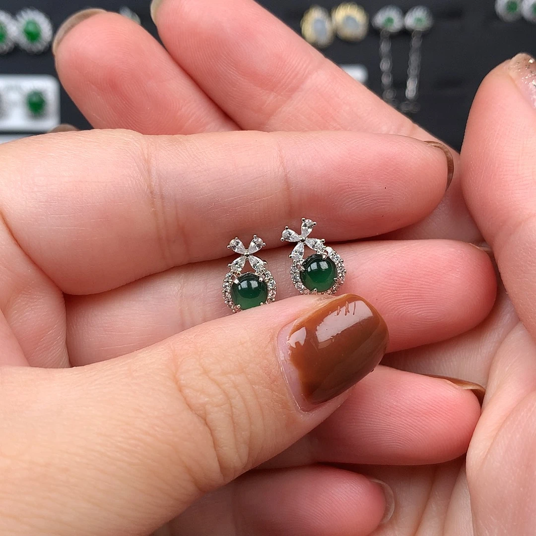 山***骨翡翠银S925镶嵌耳饰