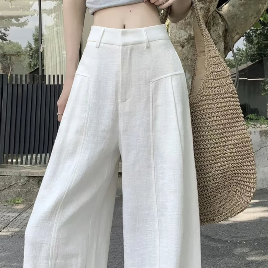 【现货+运费】白色苎麻阔腿女2025夏季薄款高腰垂感麻料西装长裤