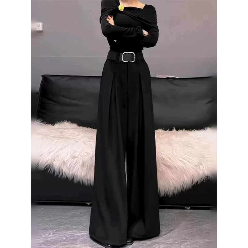 黑色休闲毛呢西装裤女2025秋冬季新款高腰垂感阔腿裤直筒拖地长裤