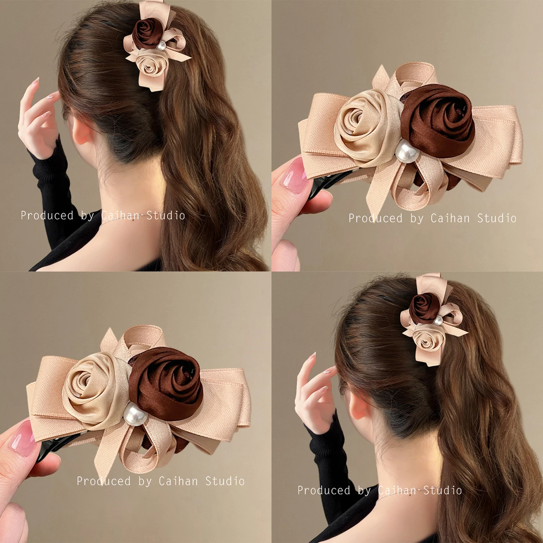 暮色摩卡~复古玫瑰珍珠香蕉夹蝴蝶结高马尾抓夹气质扭夹旅行发卡