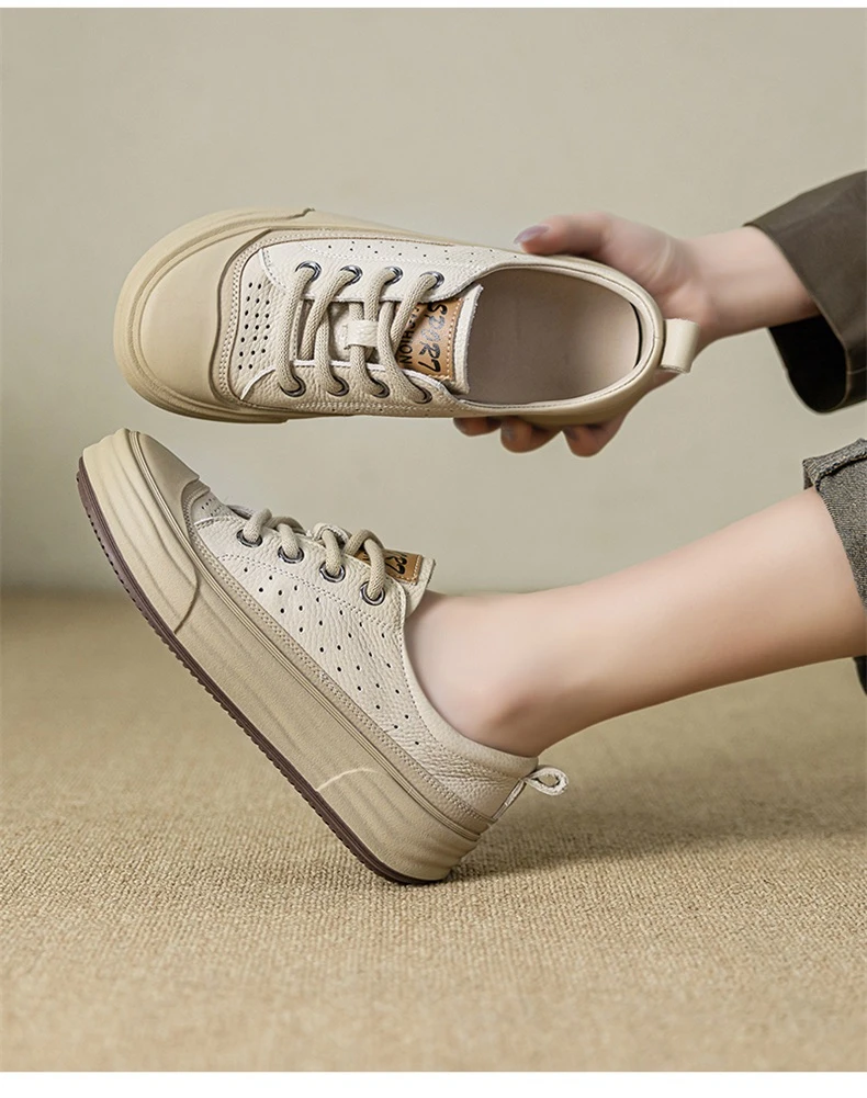 2025新款头层牛皮厚底小白鞋女真皮透气浅口平底板鞋软底软面单鞋