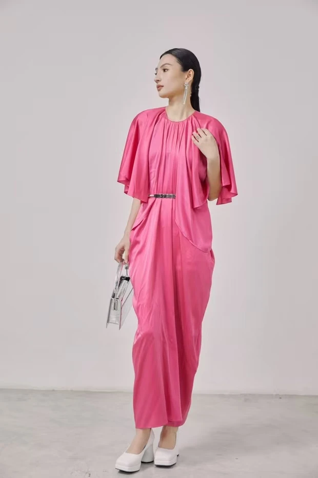 短袖纯色气质系带套头中长裙