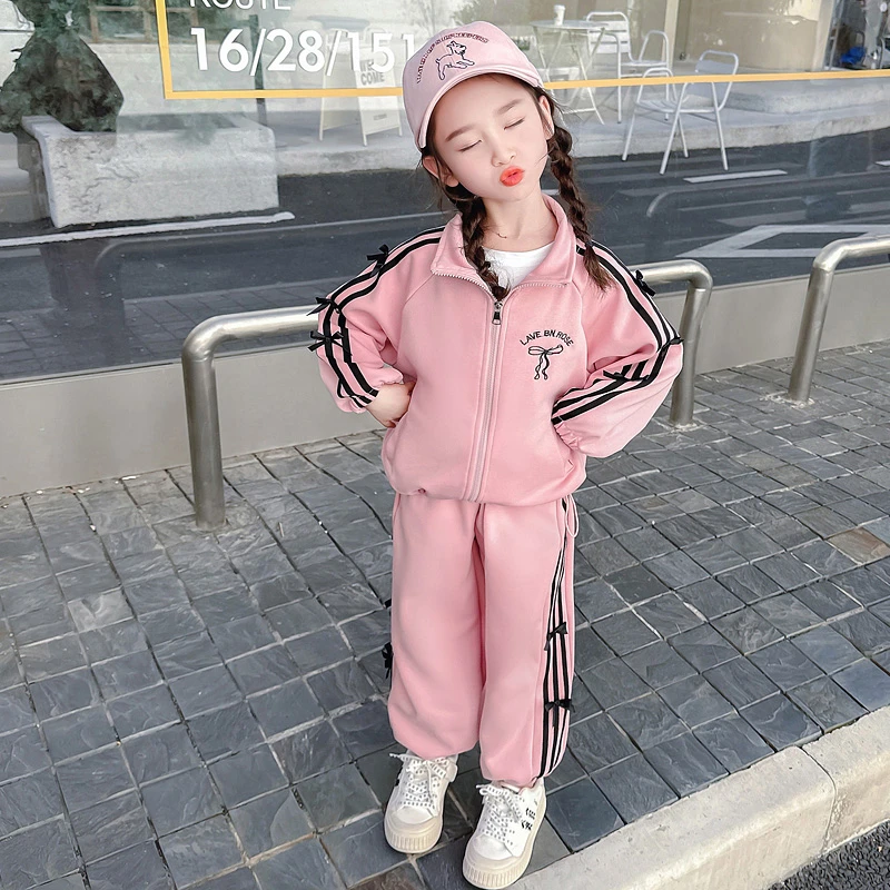 女童秋季2025新款时尚洋气休闲百搭儿童韩系蝴蝶结条纹休闲套装