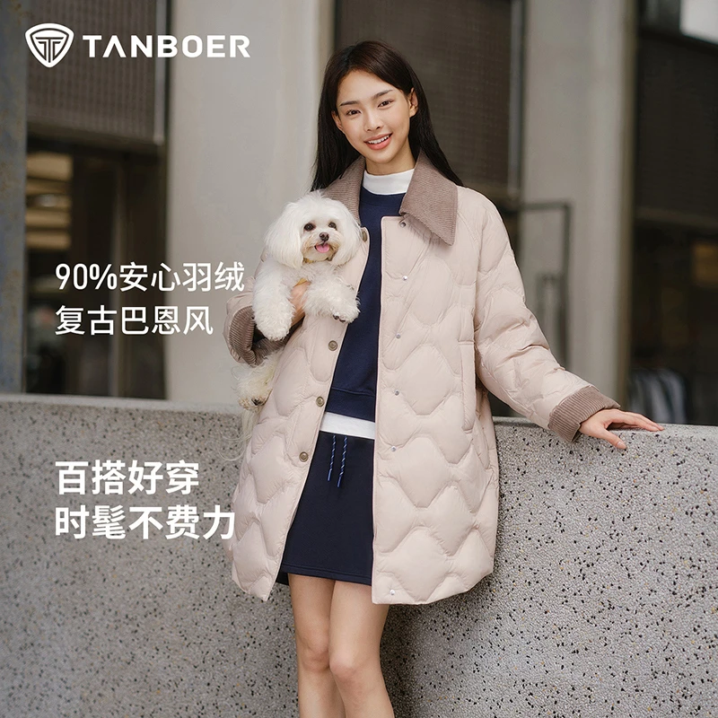 坦博尔中长款百搭羽绒服时髦复古女士秋季翻领宽松外套TB5330232A