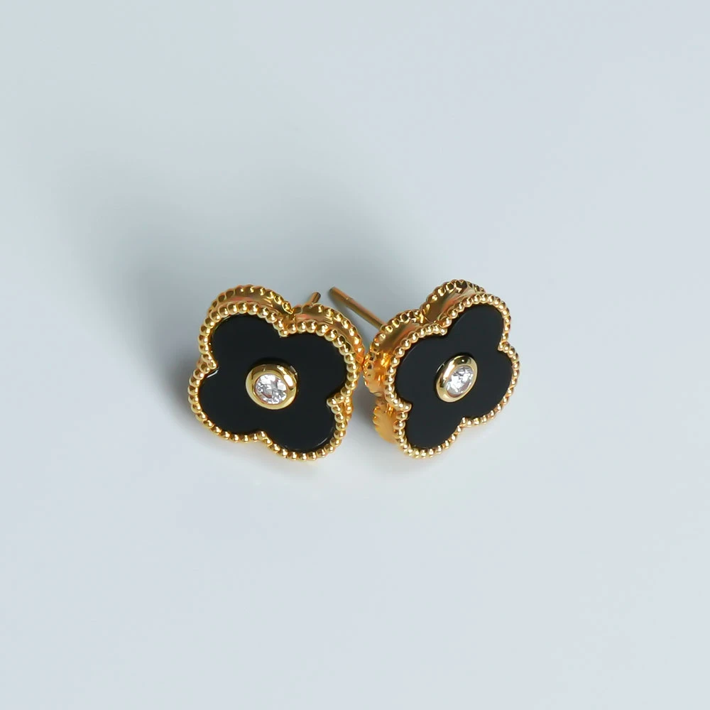 单花带钻耳钉 13mm 18k金镶嵌黑玛瑙k黄k玫 经典百搭优雅