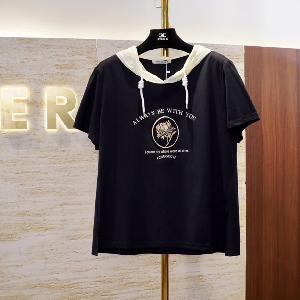 【椭圆精致牙刷绣帽衫】夏季显瘦减龄烫钻重工连帽短袖T恤女上衣