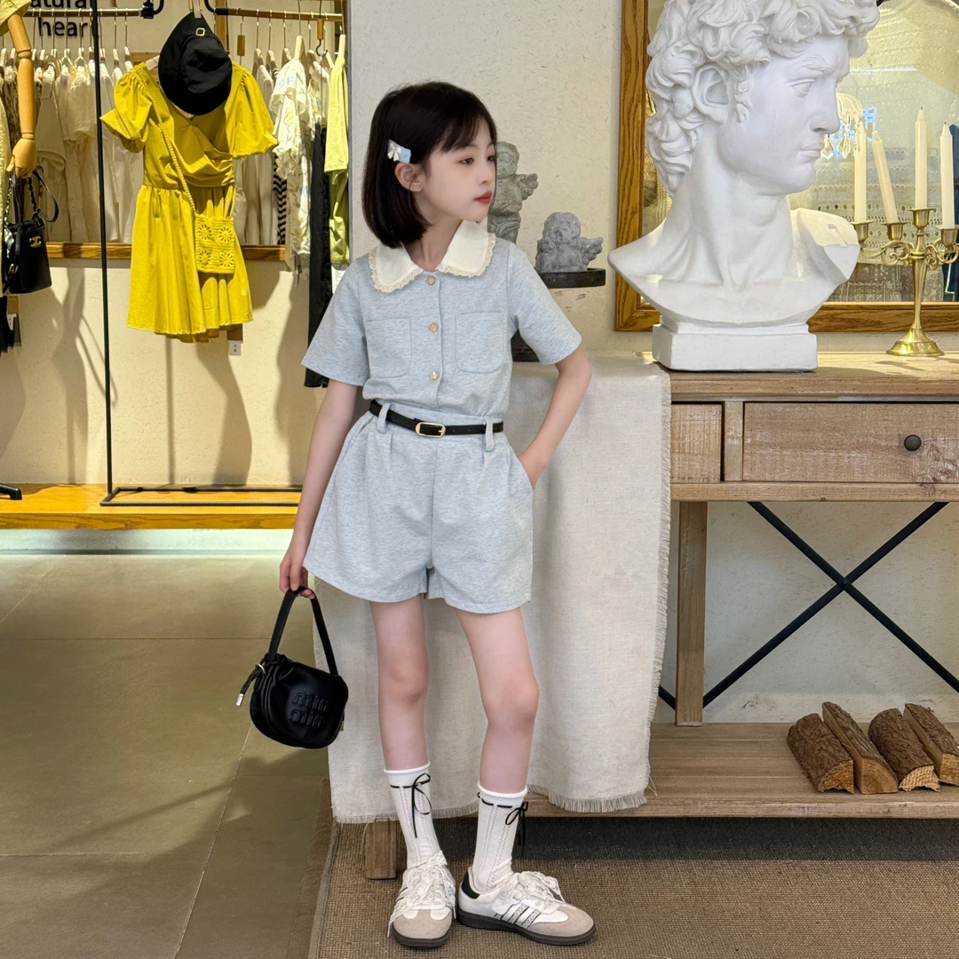 薄荷曼波娃娃领上衣短裤套装女童2025夏季新款小众宽松阔腿短裤潮