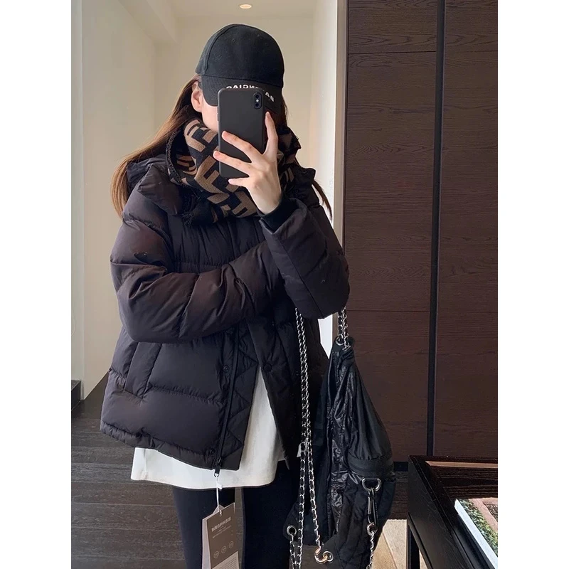 Lu家5格系列95白鸭绒羽绒服蓬松保暖可拆卸连帽外套短款女冬新款