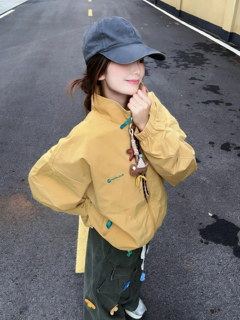 户外撞色立领夹克外套女秋季2025年新款美式运动休闲阔腿裤两件套