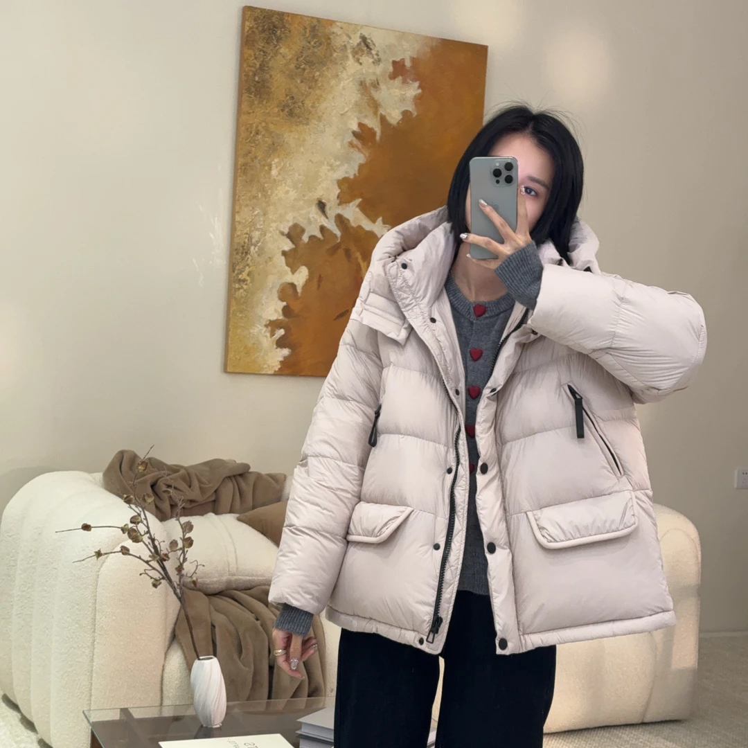 喜樂2024连帽90白鸭绒羽绒服冬季新款纯色加厚面包服保暖女士外套
