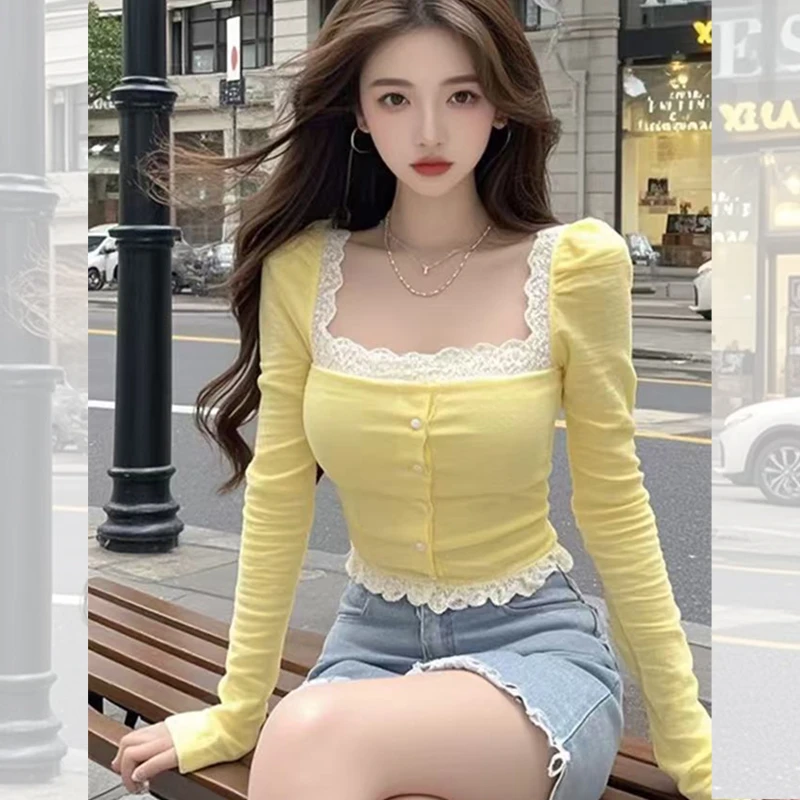 2025春秋季新款方领蕾丝边拼接短款修身显瘦T恤女设计感长袖上衣