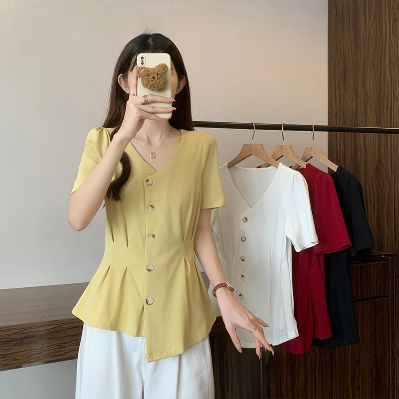 A时尚设计感不规则短袖T恤女夏季大码显瘦遮肚子小众减龄气质上衣