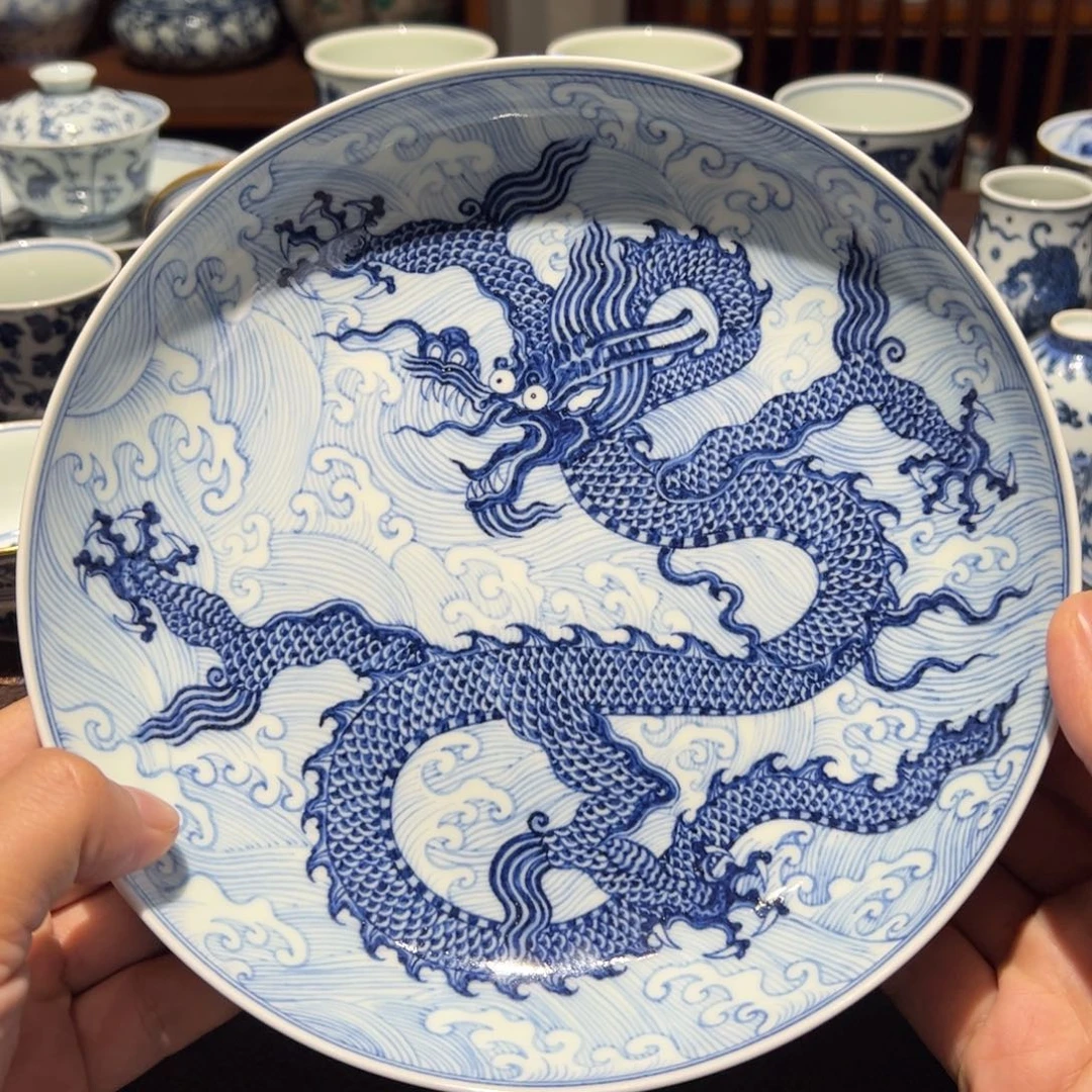 精品青花海水龙壶承赏盘直径约20.3厘米