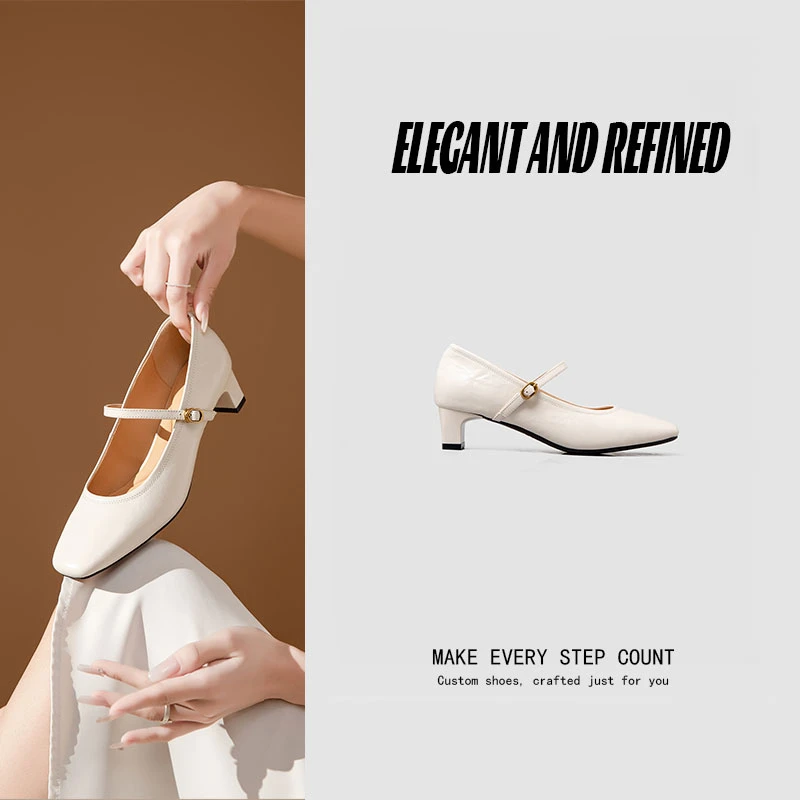 羊皮中跟玛丽珍新款真皮一字带气质百搭女单鞋法式浅口皮鞋