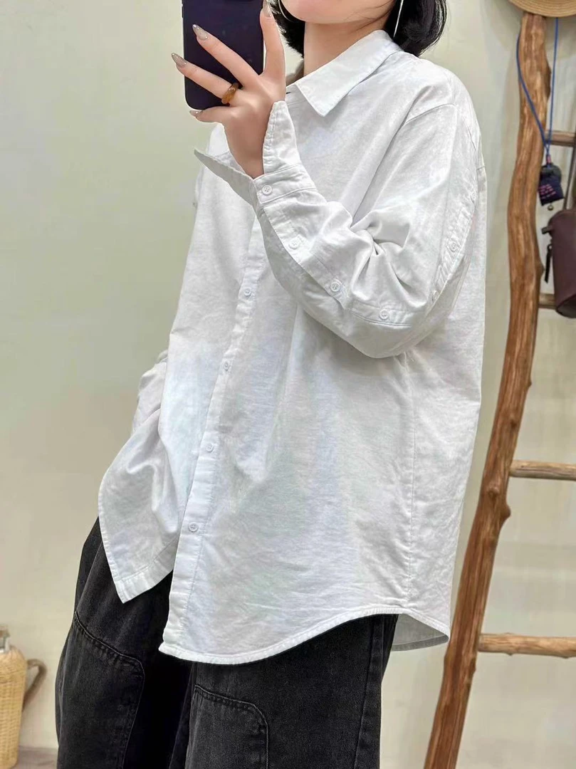 初秋新款纯棉衬衫女式宽松显瘦韩版简约小众设计感减龄上衣25055