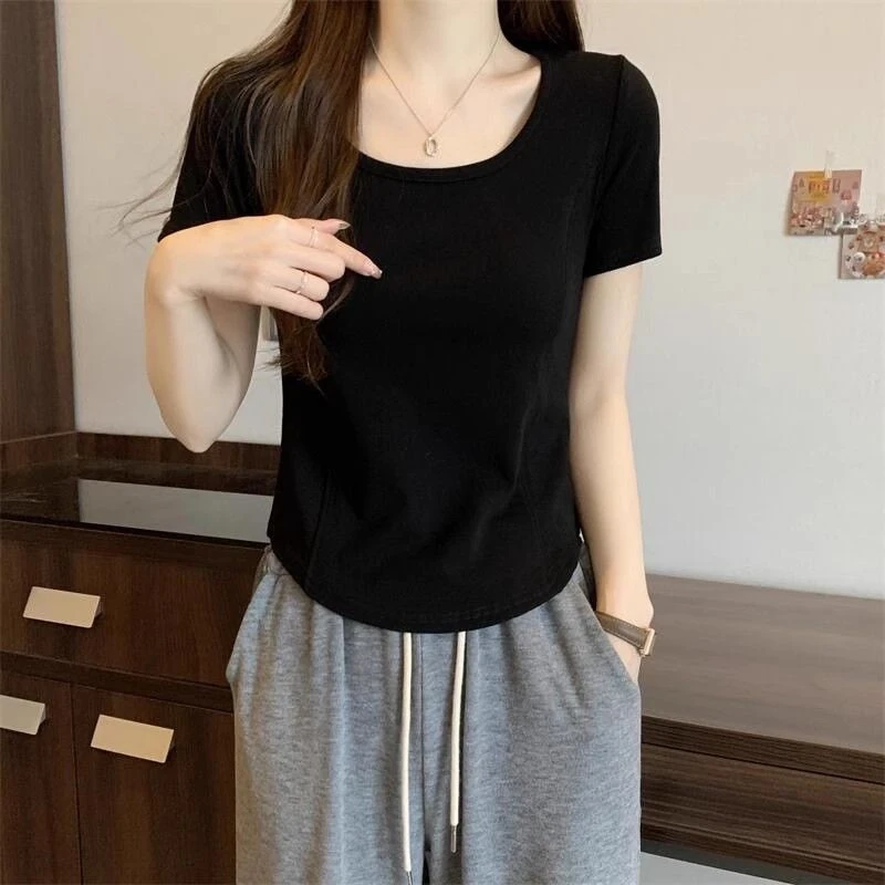夏季显瘦百搭纯欲风辣妹U领正肩短袖t恤女褶皱收腰短款上衣时尚