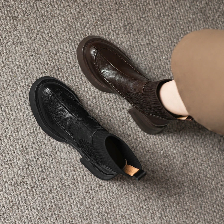 手抓纹羊皮~6cm厚底短靴女圆头粗跟高跟秋冬新款加绒袜靴真皮女靴