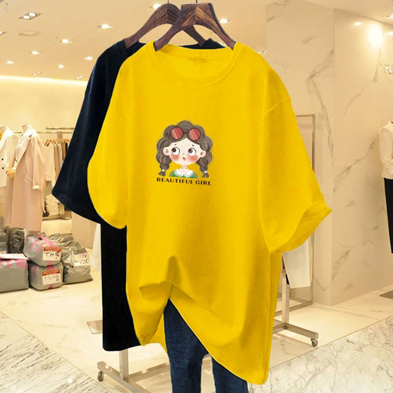 黄色纯棉卡通短袖t恤女夏季2026新款宽松欧货大版时尚洋气上衣女