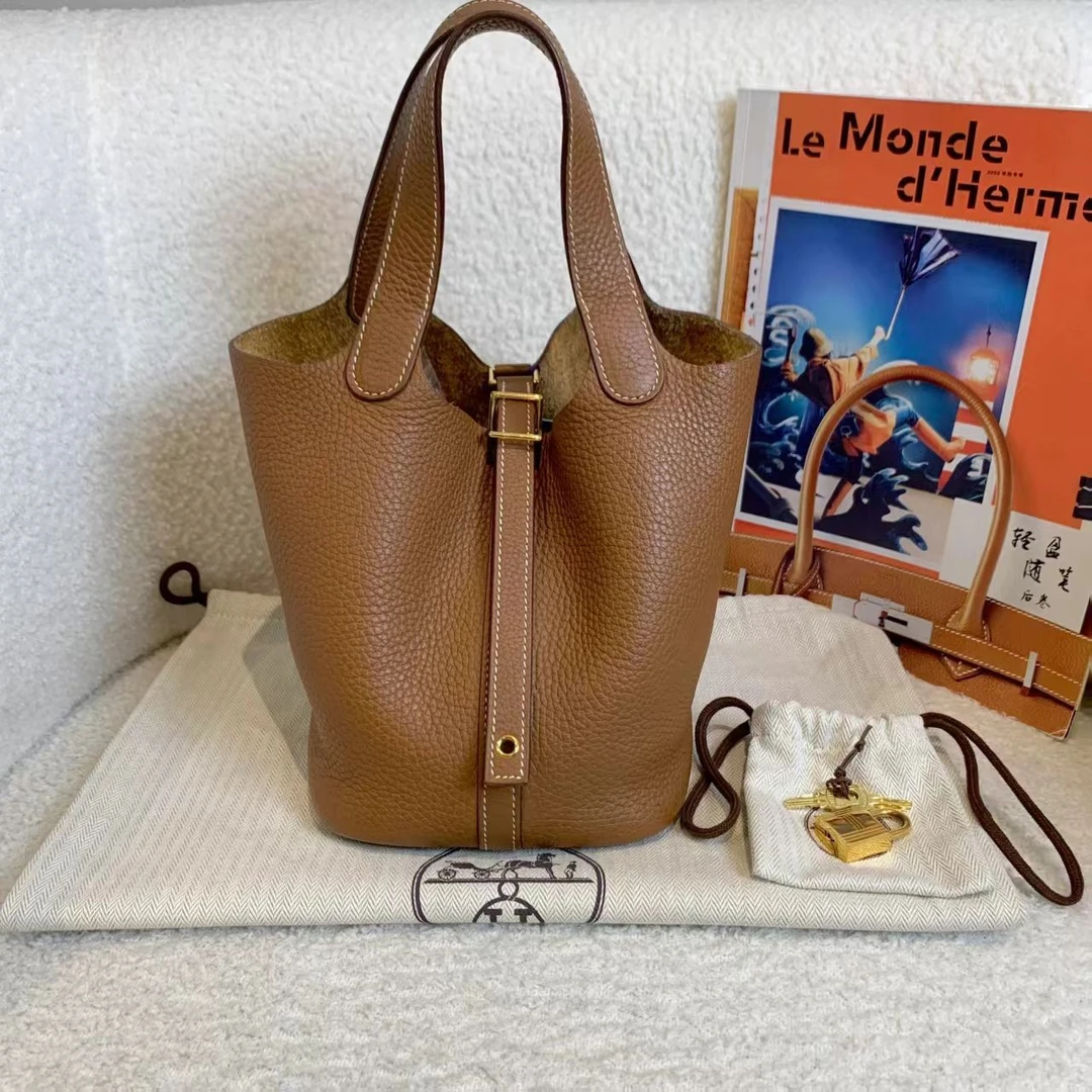 99新 Hermes/爱马仕 壹臻楠楠/金棕金扣莱篮子18 Z刻 tc 26008555