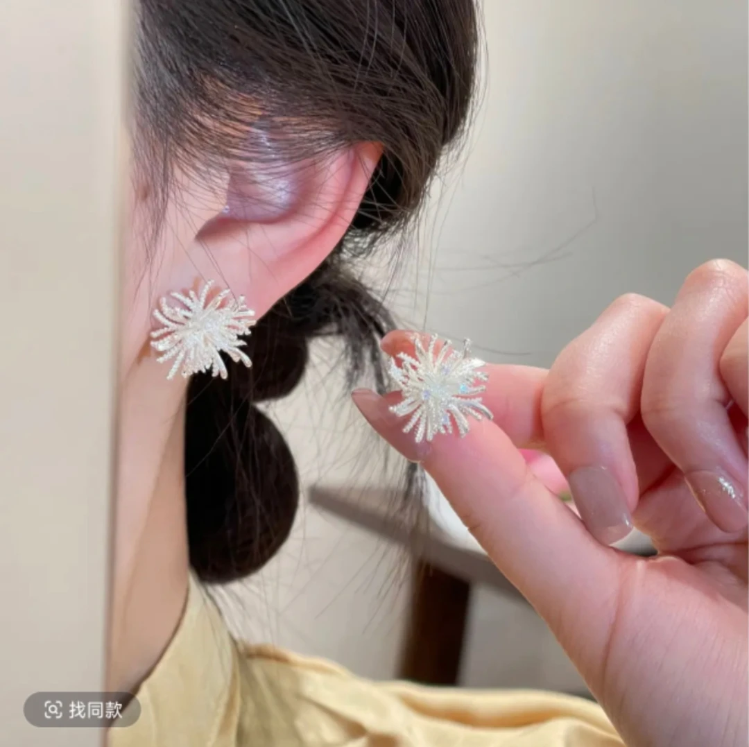 铜合金锆石耳饰 925雪绒花耳钉女款高级感小众设计轻奢耳环