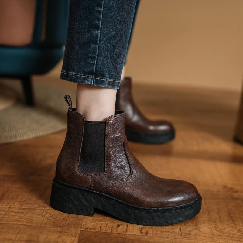 复古马皮短靴女粗跟切尔西靴秋冬加绒女靴简约百搭套筒中跟皮靴