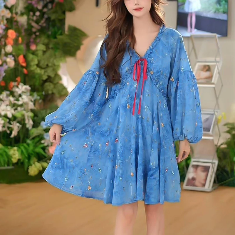 【雾蓝巴黎】温柔碎花宽松气质法式长袖甜美连衣裙夏季显瘦