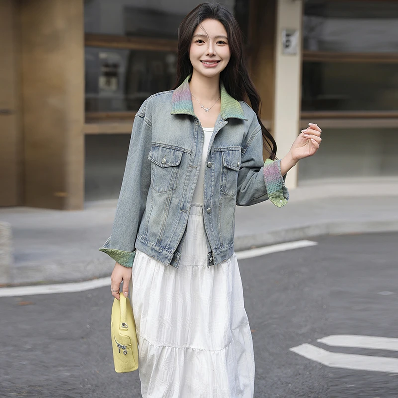 小众设计2025春季新款法式复古彩色拼接领牛仔短外套女水洗宽松潮