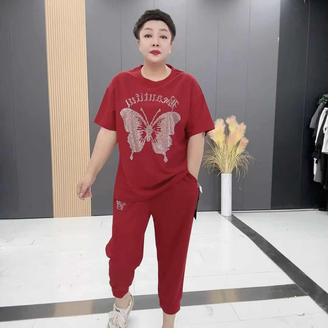 1155+大码时尚休闲运动套装夏季减龄钻蝴蝶图案套装