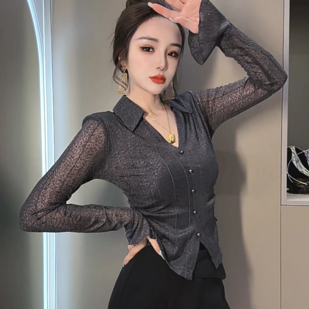 性感透视黑色细闪衬衫女2025春装新款薄款长袖防晒衫上衣5216
